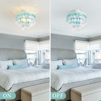 13.8" Natural Capiz Shell Chandelier 3 Light Mini Chandelier Boho Ceiling Light Entryway Light Fixture for Girls' Bedroom Hallway Living Room Dinning Room Brushed White Bulb Included - color: Ocean Blue, size: 13.8 inch
