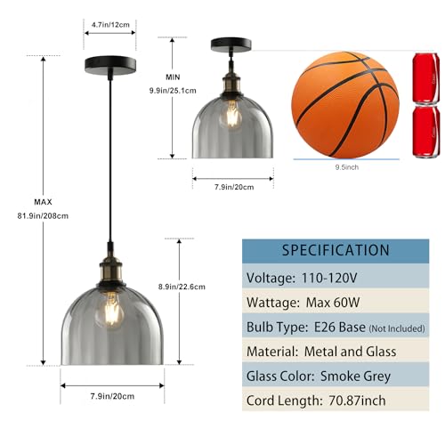Modern Pendant Lights for Kitchen Island, Industrial Rustic Hanging Ceiling Lighting Fixtures, Glass Dome Lampshade Chandelier, 7.86" Handmade Bell Shaped Lamp Shade, Smoke Grey - color: Smoke Grey, size: 20CM