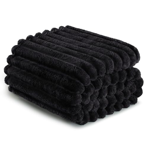 Exclusivo Mezcla Twin Size Flannel Fleece Blanket, Super Soft Striped Jacquard Bed Blanket, Lightweight Fuzzy Cozy for All Seasons, 60x80 Inches, Black - color: Black, size: Twin ( 60x80 IN )