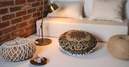 Round Mandala Floor Pillow Cover Seating Cushion Throw Cover Hippie Decorative Bohemian Ottoman Pouf Cover, Pom Pom Pillow Cases,Boho Indian 32 Inches Matellic Gold Flower - color: Metallic Gold, size: 32" Round
