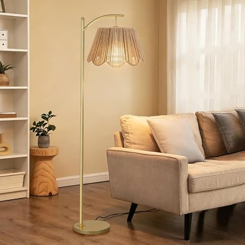 Arc Floor Lamp for Living Room with Remote Control，Rattan Boho Floor Lamp with Hand-Woven Wicker Shade, Foot Switch, Gold/Silvery Metal Base & Pole,Standing Lamp for Bedroom (Gold&Paper Rope) - color: Gold&Light Brown