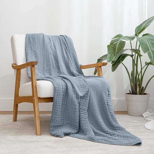 Comfy Cubs Muslin Throw Blanket - 50” x 60” Quilted Design - Lightweight, Breathable 6-Layer Gauze Fabric - Soft Cotton Blanket for Home or Travel - Packaged in Elegant Gift Box - Pacific Blue - color: Pacific Blue, size: Throw - 50" X 60"
