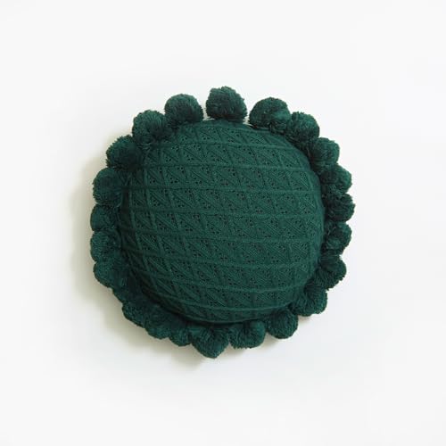 Acrylic Knitted Round Throw Pillow Knitting Bohemian Circular Cushion Pillow with Knit Handmade Pompoms Decorative Dark Green, Diameter 18inches - color: Dark Green