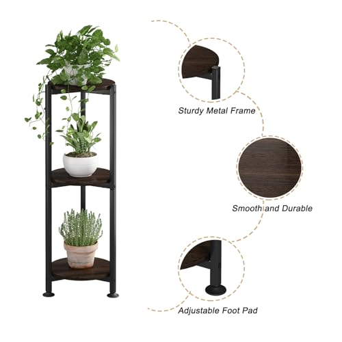 Plant Stand Indoor Outdoor 2 Tier Tall Metal Corner Storage Tiered Plant Shelf Holder Multiple for Living Room Balcony Garden,Black (3 Tier-Black Oak Round)
