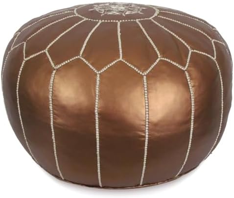 Stuffed Round Design Moroccan Leather Pouf Ottoman, Handmade, Pre-Filled, 100% Genuine Leather, 13” Height x 20” Diameter, Footstool & Living Room Décor (Metallic Bronze)
