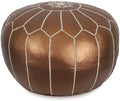 Stuffed Round Design Moroccan Leather Pouf Ottoman, Handmade, Pre-Filled, 100% Genuine Leather, 13” Height x 20” Diameter, Footstool & Living Room Décor (Metallic Bronze)