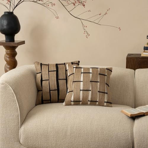 MOCOFO Semi-Handmade Woven Striped Throw Pillow Covers, French Vintage Mid-Century Decorative Cushion Case, Jute & Poly-Cotton Blend for Couch Sofa (Cover Only) (Hemp Pattern-White, 18x18) - color: Hemp Pattern-white, size: 18" x 18" (Pack of 1)
