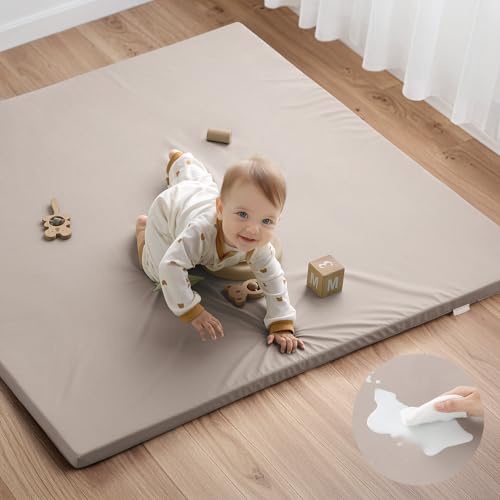 Blissful Diary Vegan Leather Baby Play Mat, 50x50 Thicken Foam Cushioned & Waterproof Playpen Mat for Infants and Toddlers, Stylish and Just Wipe-Clean Playmat for Baby Play on Floor, Taupe - color: Taupe, size: 50" X 50"