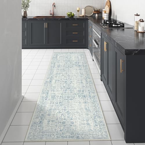 PureCozy Blue Runner Rug 2x5 Hallway Machine Washable Kitchen Vintage Distressed Non Slip Long Carpet Indoor Retro Floral Bedroom Accent Throw Rug for Bathroom Office Laundry Dining Room - color: Accent | Blue, size: 2' x 5' (Runner)