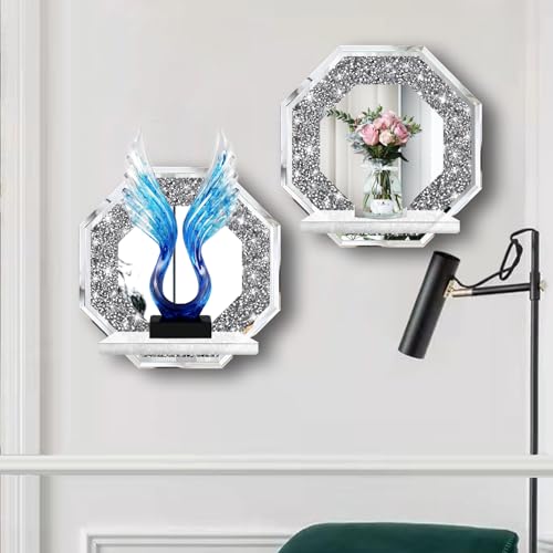 ZOLAPI Crystal Crush Diamond Wall Candle Holder Set of 2, Octagon Silver Mirrored Candle Sconces, Home Wall Decoration for Living Room, Dining Room & Bedroom. - color: Silver Mirror ⑧