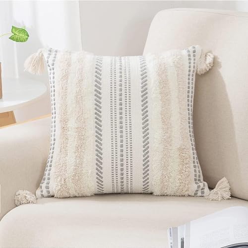 decorUhome Summer Decorative Boho Throw Pillow Cover 20x20, Accent Neutral Textured Tufted Pillow Cover Striped for Couch Bed Sofa, Beige and Cream White, Pack of 1 - color: Beige and Cream White, size: 20" x 20" (Pack of 1)
