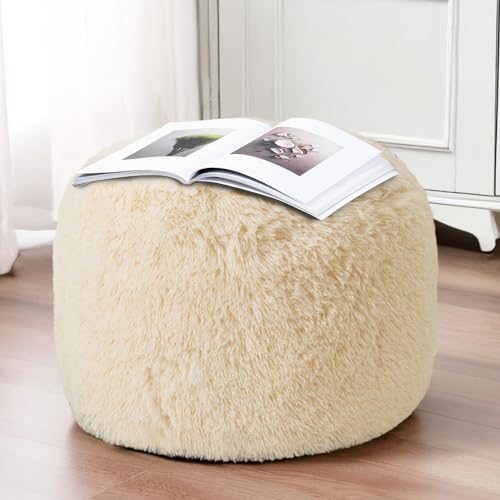 HIGOGOGO Round Stuffed Pouf Ottoman, Long Faux Fur Poufs with Foam Chunk Filling, Fluffy and Furry Pouf Foot Stool Storage Ottoman, 20 X 15 Floor Poufs Foot Rest for Living Room, Beige - color: Beige, size: 20"D x 20"W x 18"H