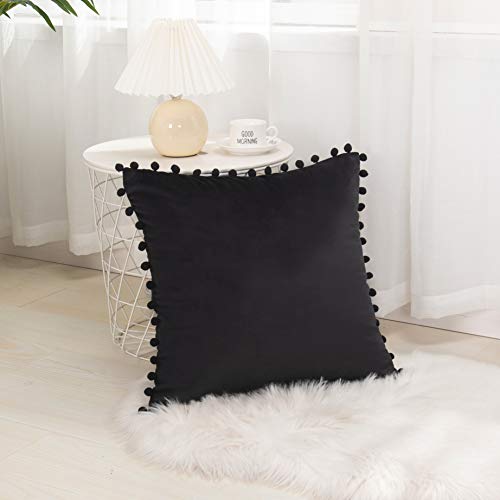 Elegant Comfort POM-POMS Fringe Velvet Cushion Covers Set of 2, Velvet Soft Solid Decorative Square Throw Pillow Covers Set Cushion Case for Couch Bed, Livingroom 20 x 20 Inch (50 x 50 cm), Black - color: Black, size: 20" x 20" (Pack of 2)