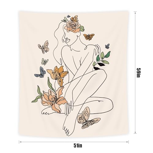 SVBright Abstract Woman Fabric Wall Hanging Tapestry 51Wx59H Inch Simple Modern Butterfly Flower Leaves Minimalist Art Line Plant Aesthetic Portrait Sketch Home Decor Art for Living Room Bedroom Dorm - color: Modern Abstract Woman, size: 59"L x 51"W