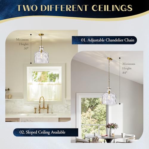 12" Farmhouse Pendant Light, Hand-Blown Clear Hammered Glass Hanging Light Fixture with Brass Gold Finish, Adjustable Chain Ceiling Light for Kitchen Island, Dining Room, Hallway, E26 Socket - color: Chain Gold