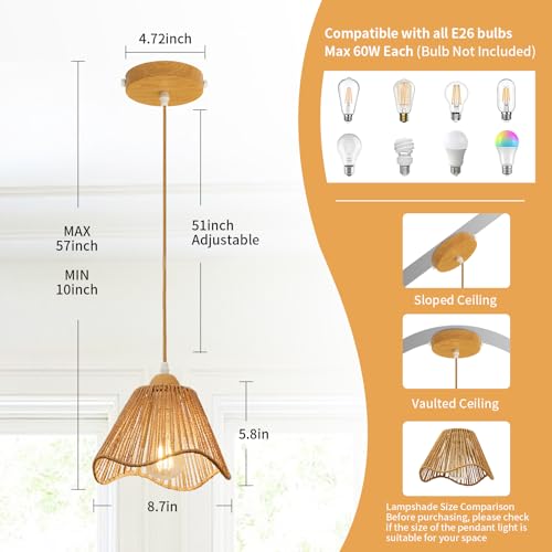 Wave Rattan Chandelier Pendant Lights Kitchen Island,Farmhouse Boho Chandeliers Adjustable Height Hanging lamp for Dining Room,Kitchen Ceiling Light Fixtures with Hand Woven Wicker Lampshade - size: 1 Pack