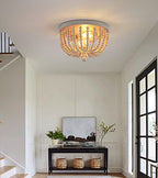 Q&S Boho Chandelier Wood Beaded Flush Mount Ceiling Light Fixtures for Nursery Baby Bedroom Kitchen Hallway,Oak White Finish,2-Lights - color: Ceiling-2OAK