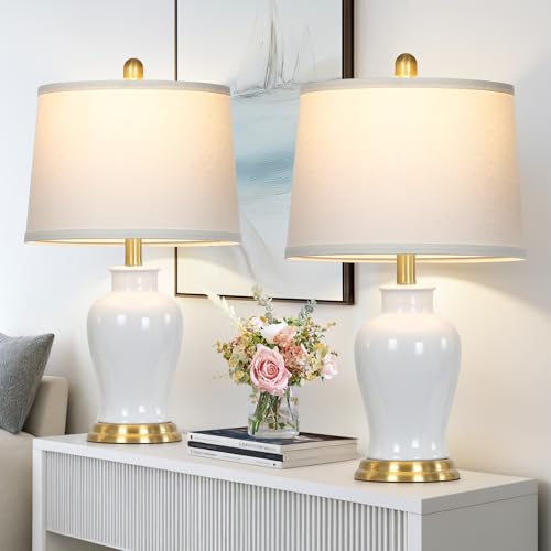 Modern Ceramic Table Lamps Set of 2, 23" White Ceramic Lamps for Living Room, Rustic Farmhouse Bedside Lamp with Ginger Jar Design, Elegant Bedroom Lamp for Nightstand Desk Side End Table Home Decor - color: White