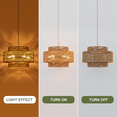 23.6" Rattan Chandelier Light Fixture,6-Light Vertical Woven Rattan Chandelier, 3-Tier Drum Hand-Woven Boho Light Fixture for Dining Room, Bedroom, Kitchen Island, Foyer - color: Gold-A 23.6"