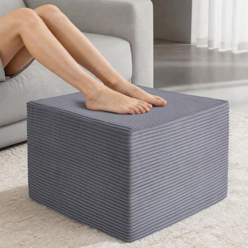 Stuffed Square Pouf Ottoman, 19.69 * 19.69 * 14.76 Inch Foot Rest with Odorless Solid Foam Core, Supportive Footstool with Removable Corduroy Cover for Living Room, Dark Grey - color: Dark Grey-small