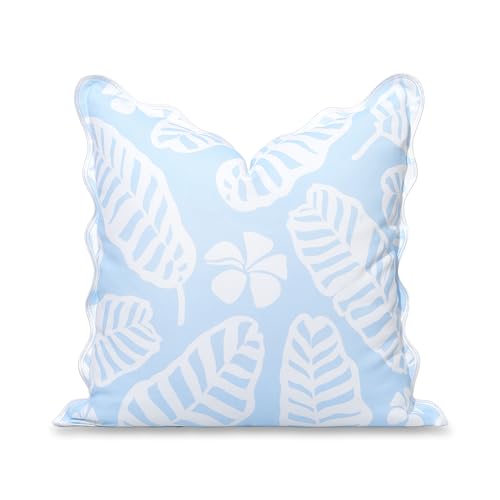 Hofdeco Premium Grandmillennial Coastal Hampton Patio Indoor Outdoor Throw Pillow Cover Only, 20"x20" Water Repellent for Backyard, Couch, Poolside, Baby Blue Print Palm Leaves and Hisbucs Flowers - color: Baby Blue Palm Leaves and Hisbucs Flowers 20"x20"