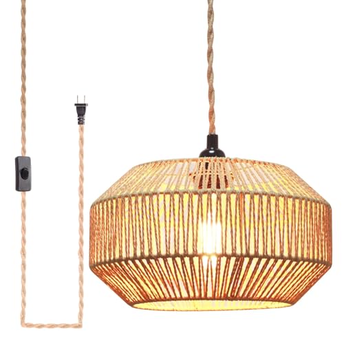 Hanging Lamp Plug in Pendant Light Rattan Hanging Lights with Plug in Cord Hanging lamp Hanging Lights with Plug in Cord Hanging lamp for Living roon - color: Pumpkin