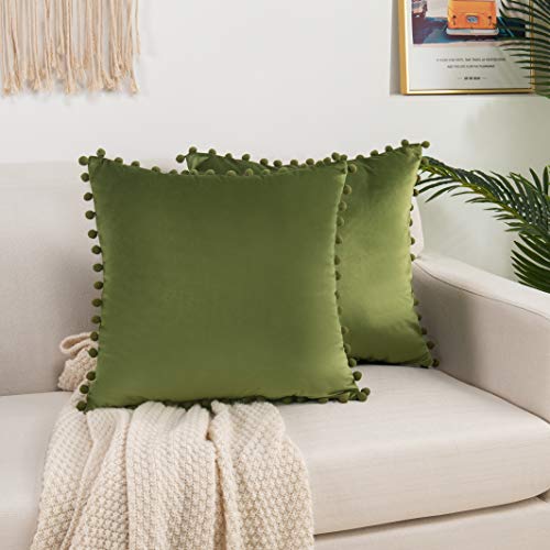 Elegant Comfort POM-POMS Fringe Velvet Cushion Covers Set of 2, Velvet Soft Solid Decorative Square Throw Pillow Covers Set Cushion Case for Couch Bed, Livingroom 18 x 18 Inch (45 x 45 cm), Sage/Green - color: Sage/Green, size: 18" x 18" (Pack of 2)
