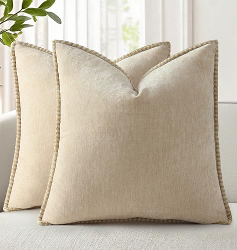 decorUhome Summer Chenille Soft Cozy Throw Pillow Covers 12x12 Set of 2, Modern Farmhouse Boho Velvet Decorative Pillow Cases with Stitched Edge for Couch Sofa Bed Home Decor, Beige - color: Beige, size: 12" x 12" (Pack of 2)