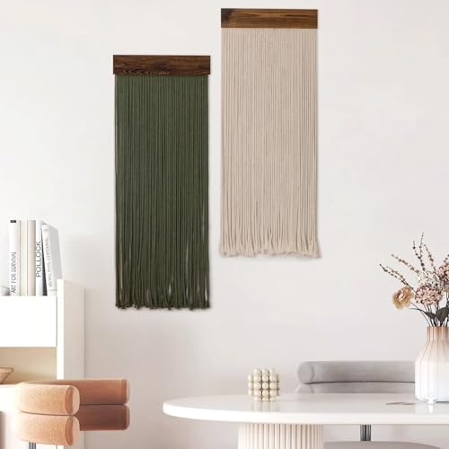 HVEST 2 Pcs Sage Green Wall Art Macrame Wall Hanging Boho Decor Green and Beige Handmade Woven Long Tapestry for Bedroom Living Room Nursery Home Apartment Headstock Wall Decor, 30.7L X 11.8 W inches - color: Green Beige