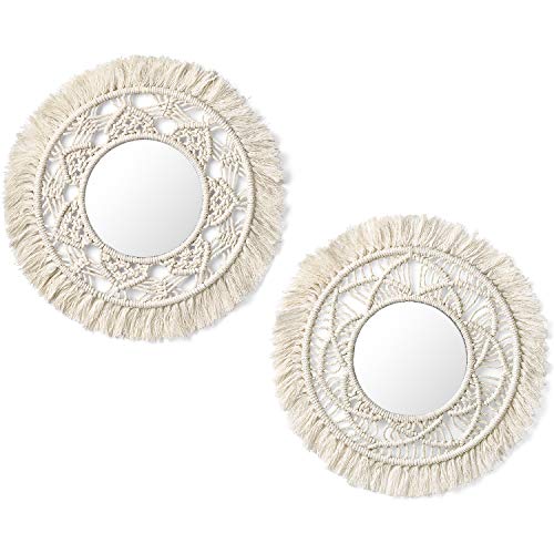 Mkono Hanging Wall Mirror with Macrame Fringe 2 Set Small Round Decoration Boho Antique Mirror for Apartment LivingRoom Bedroom Baby Nursery,Beautiful Gift Ideas