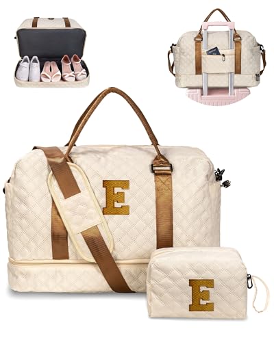 Girls/Kids Initial Duffle Bag with Shoe Compartment, Kids Personalized Travel Bags with Makeup Bag for Women with Trolley Sleeve & Wet Pocket, Gifts for Teenage Girl(Letter E) - color: Beige, style: E