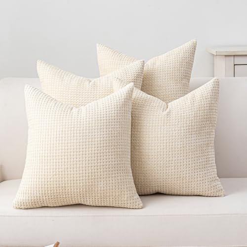 Pack of 4 Throw Pillow Covers 18x18 inch Beige Boho Cushion Covers Decorative Farmhouse Pillow Covers for Couch Bed Sofa Living Room Home Decor Soft Square Pillowcase - color: Beige, size: 18" x 18" (Pack of 4)