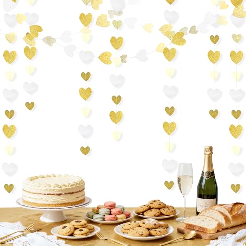 Gold-White Heart-Garland Streamers Engagement-Birthday Party-Decorations - 52Ft Glitter Champagne Hanging Banner Decor Wedding Congratulations Bachelorette Bridal Baby Shower Garsellen - color: Gold White Champagne