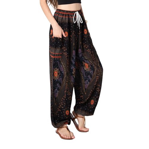 Tranquil Threads Women's Harem Pants with Pockets and Drawstring, Hippie Boho Yoga Clothes - color: Black Feather, size: Small