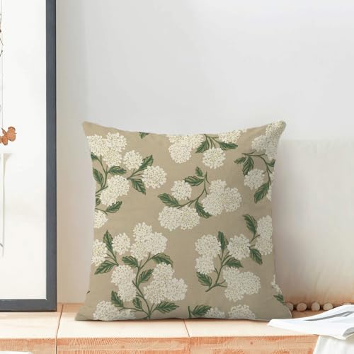 AEIOAE Spring Pillow Covers 16x16 Inch Set of 2, Beige Green Hydrangea Flower Throw Pillows Case,Floral Summer Outdoor Seasonal Decorative Farmhouse Decor Cushion Covers for Home Sofa Bed Couch - color: Beige Hydrangea, size: 16" x 16" (Pack of 2)