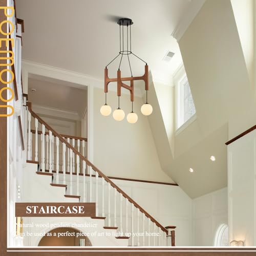 Rustic Wood Chandeliers with Milk Glass Globes Lampshades L24 '' Unique Mid Century Long 4-Light Pendant Chandelier Wood Stained Walnut Farmhouse for Living Dining Room Entryway Bedroom Kitchen,G9 - color: Walnut, size: L24 inches
