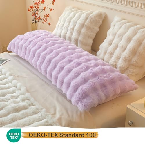 LIFEREVO Fluffy Faux Rabbit Fur Body Pillow Cover, Cozy Light Purple Bubble Shaggy Plush Bed Body Pillowcase with Zipper, Long 20"x54" Fuzzy Furry Pillow Case for Bedroom Home Decoration, Lavender - color: Lavender