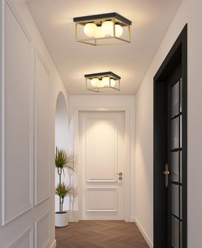 Flush Mount Ceiling Light, 12.6” Close to Ceiling Light Fixtures with Globe Glass Shade, 4-Light Black and Gold Light Fixture for Living Room Dining Room Bedroom Kitchen Hallway Entryway - color: Black and Gold