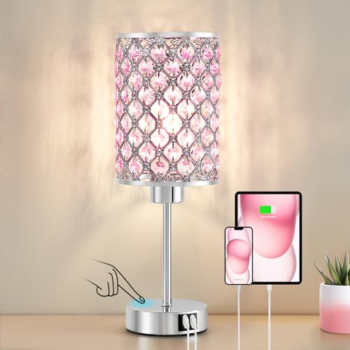 GyroVu Crystal Table Lamp, Pink Touch Lamp with USB C+A Ports, Dimmable Lamp with Crystal Shade, Bedside Lamp Small Lamp for Girl Bedroom, Living Room(Buld Included) - color: Pink, size: 14.75"