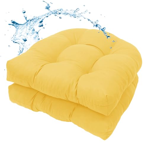 MTMR Outdoor Chair Cushions Set of 2, 19x19 Waterproof Wicker Seat Cushions for Patio Furniture, Tufted Outdoor Replacement Furniture Pad for Porch Lawn Wicker Desk Dining Rocking Chair, Yellow - color: Yellow