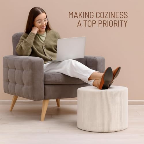 Corduroy White Ottoman Foot Rest Stool – Textured Boucle Corduroy Fabric Footstool with Soft Foam, Round Lightweight Pouf for Cozy Living Room, Bedroom – Warm White - color: Corduroy White