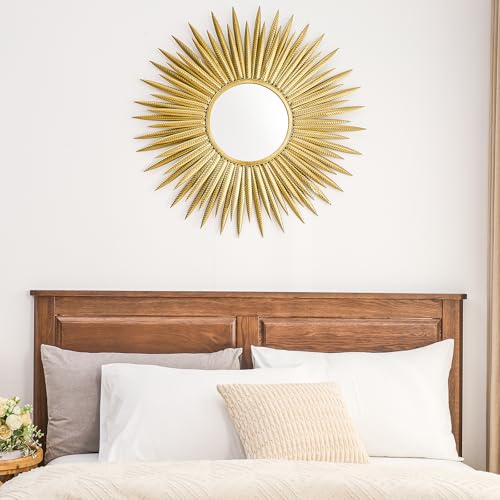 PERHOM Gold Sun Mirror, 30"x30" Large Sunburst Mirrorwith Metal Frame,Starburst Mirrors for Living Room, Entryway, Bedroom, Fireplace