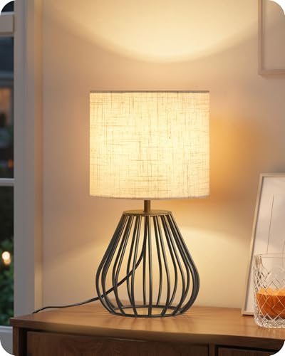 Small Bedside Table Lamp, Black Table Lamp with Metal Cage & Linen Lampshade, Modern Cute Desk Lamp, Cozy Nightstand Lamp for Bedroom, Living Room, Office, 2700K LED Bulb Included, E06TL05 - color: Beige + Black