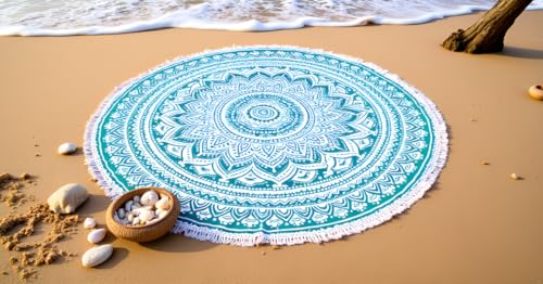 Mandala Round Beach Tapestry Boho Hippie Blanket Bohemian Large Table Cloth Home Decor Yoga Mat Meditation Picnic Rug Throw Hippy Gypsy Tablecloth Roundie (42 Inches, Green And White) - color: Green And White, size: 42"L x 42"W