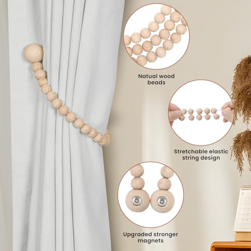 KLOGTSIND Magnetic Curtain Tiebacks, Curtain Tie Backs for Curtains 2 Pack, Wood Bead Curtain Tiebacks, Curtain Holders for Boho Bedroom Decor, Baby Nursery Decor, Farmhouse Décor - color: Beechwood