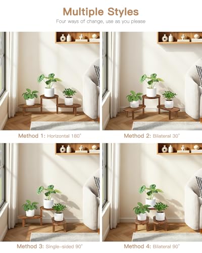 3 Tier Corner Plant Stand Indoor - Adjustable Wood Convex Flower Stand for Small Spaces, Heavy Duty Long Plant Shelf for Living Room Balcony Hallway