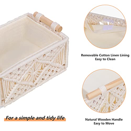 ANMINY 3PCS Macrame Storage Baskets for Organizing Boho Decor Baskets Storage Bins with Wood Handles Handmade Decorative Storage Boxes with Removable Liner Toilet Tank Bathroom Self Basket Organizer - color: Off White (Set of 3)