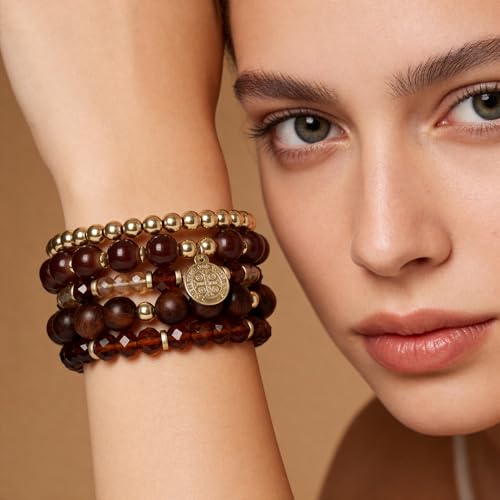 Bohemian Natural Stone Beaded Bracelets for Women Men Stackable Stretch Beads Bracelet Set with Charm and Tassel Multilayered Elastic Gemstone Bracelets Summer Beach Boho Jewelry Gift for Women - color: brown