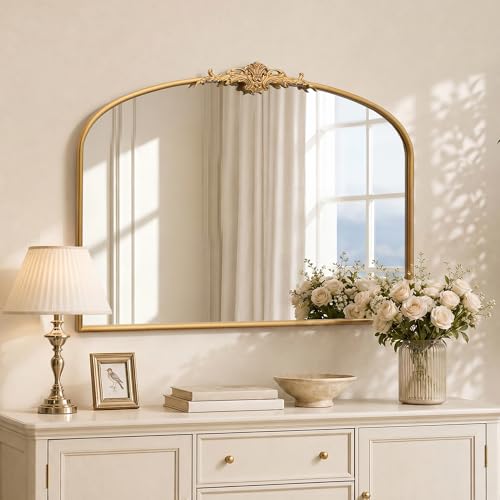 Besdomus Antique Arched Gold Mirror: 40"x29" French Large Gold Vintage Wall Vanity Mirror - Decorative Baroque Traditional Ornate for Bedroom/Bathroom/Fireplace/Entryway - Ideal for Home Renovations - color: Gleaming Gold, size: 29"L x 40"W