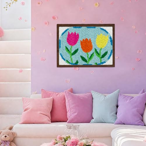 ORIGACH Tulip Latch Hook Rug Kit for Adults Printed Rug Making Kit Handmade Carpet Tapestry Cover with Hook Latch and Preprinted Canvas, Home Arts Crafts Sofa Decor, 20.5x15inch - style: Tulip